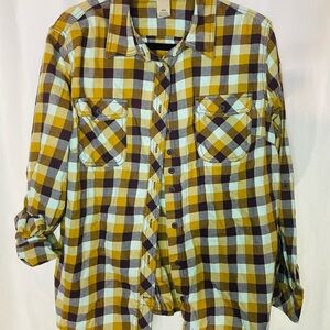 Duluth Trading Co Plaid Flannel Button-Down Shirt - Yellow, Brown & Cream